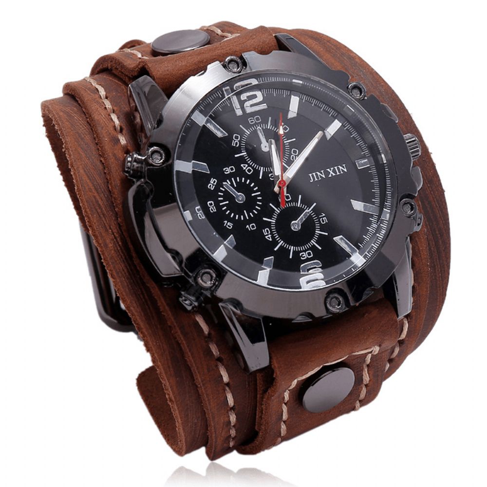 Deffrun Grote Wijzerplaat Vintage Koe Lederen Armband Horloge Versieren Kleine Drie-Hand Heren Quartz Horloge