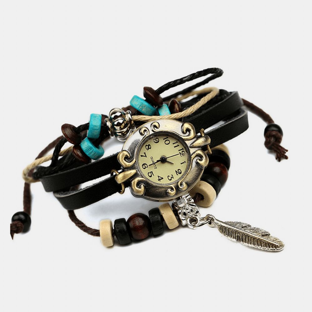 Deffrun Multilayer Koe Lederen Band Armband Horloge Blad Hanger Kleine Wijzerplaat Dames Quartz Horloge