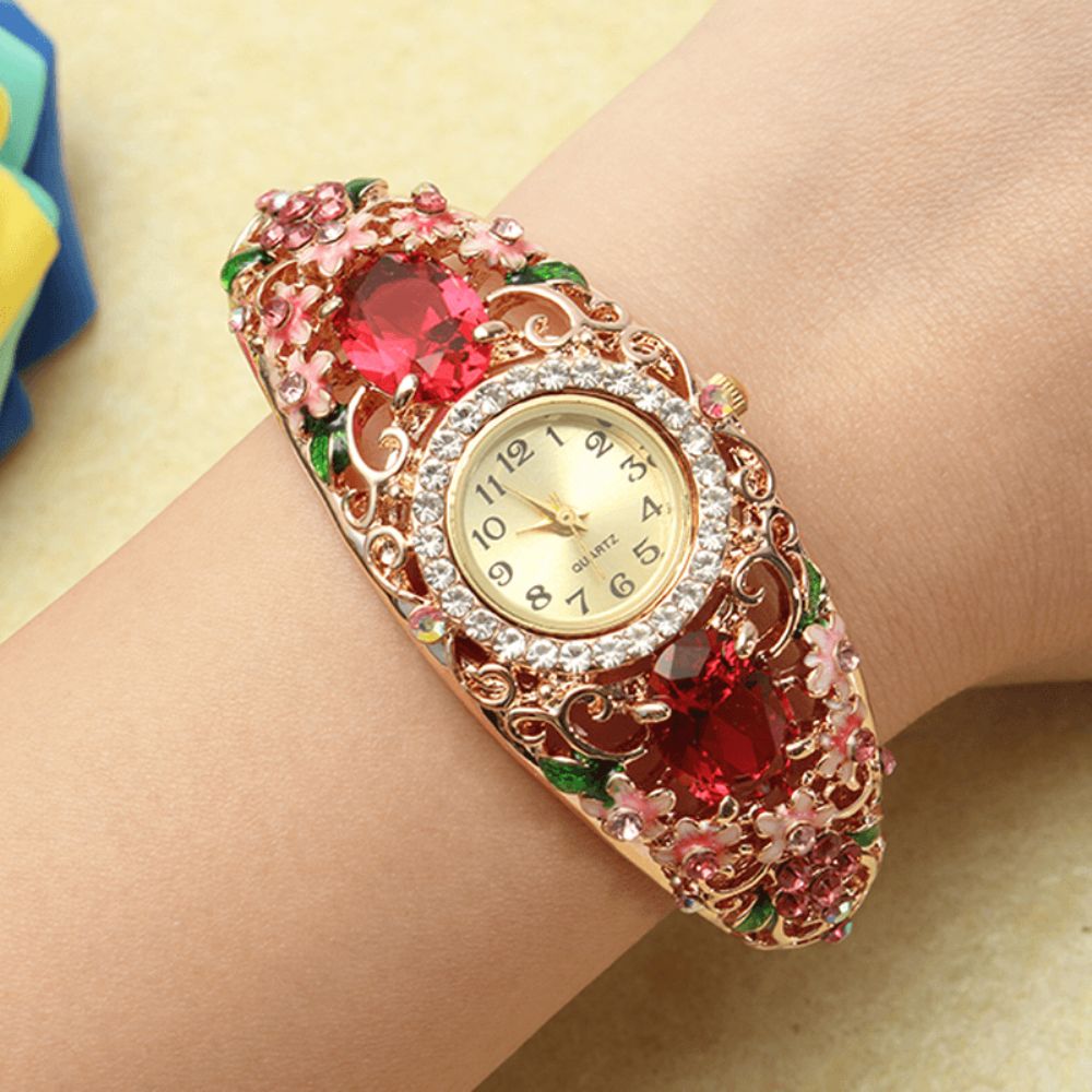 Deffrun Retro-Stijl Dames Armband Horloge Bloem Diamant Quartz Horloge