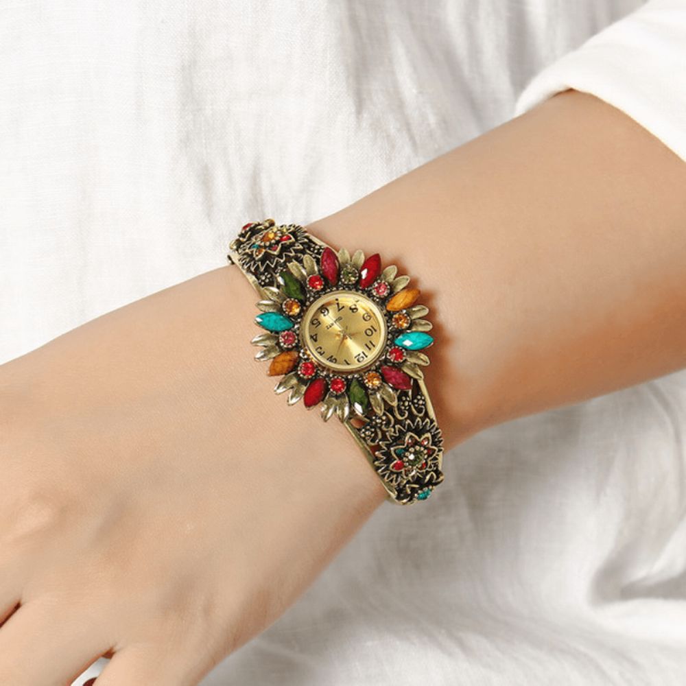 Deffrun Retro Stijl Dames Armband Horloge Bloemvorm Volledig Stalen Band Quartz Horloge