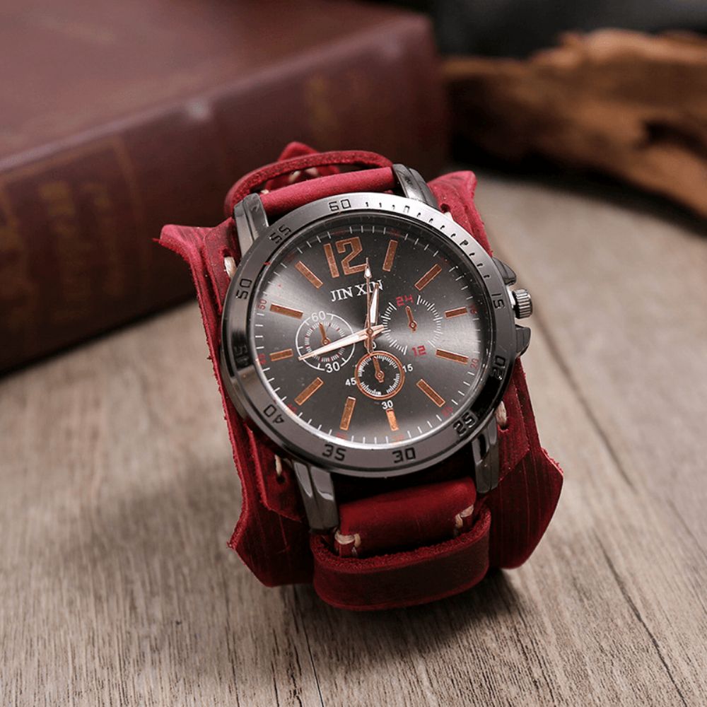 Deffrun Retro Stijl Decoratieve Drie Dial Quartz Horloge Koeienhuid Lederen Band Heren Polshorloge