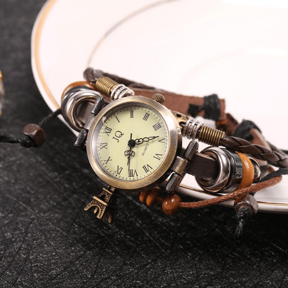 Deffrun Retro Stijl Vrouwen Armband Horloge Kralen Eiffeltoren Hanger Quartz Horloge: