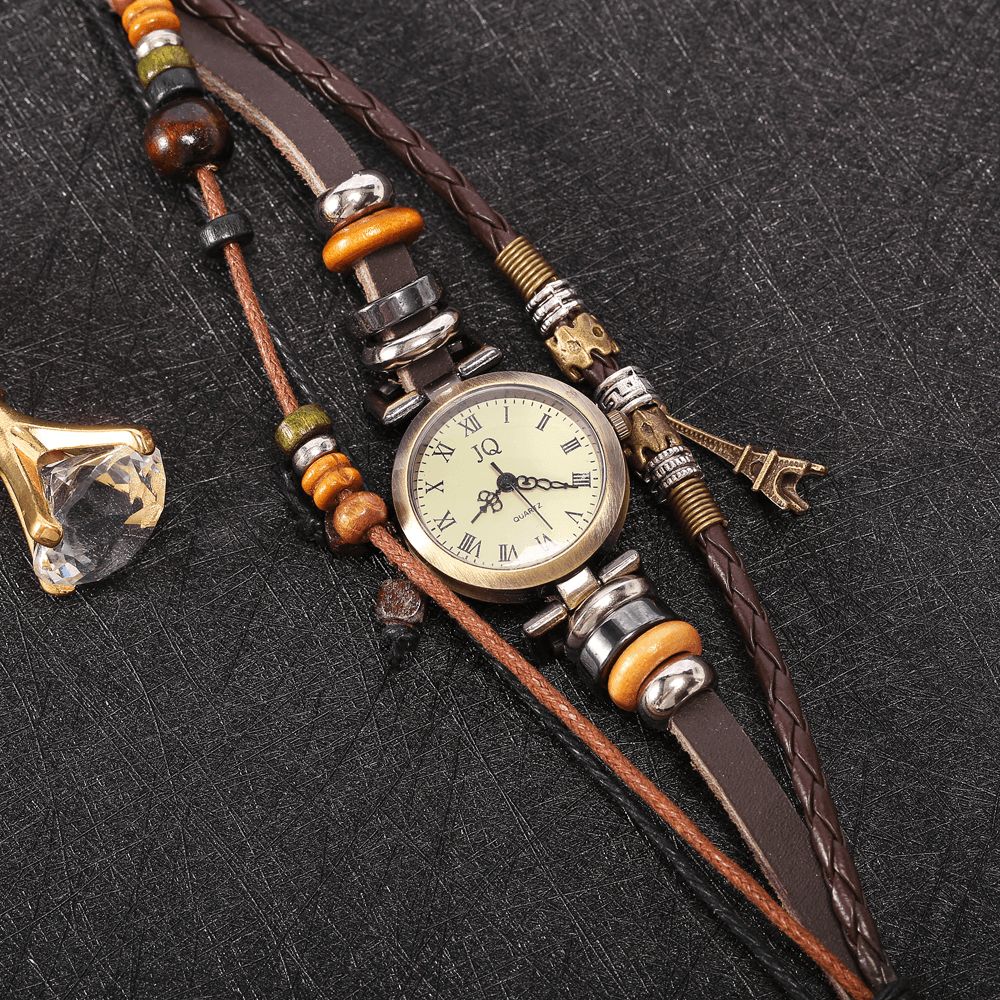 Deffrun Retro Stijl Vrouwen Armband Horloge Kralen Eiffeltoren Hanger Quartz Horloge: