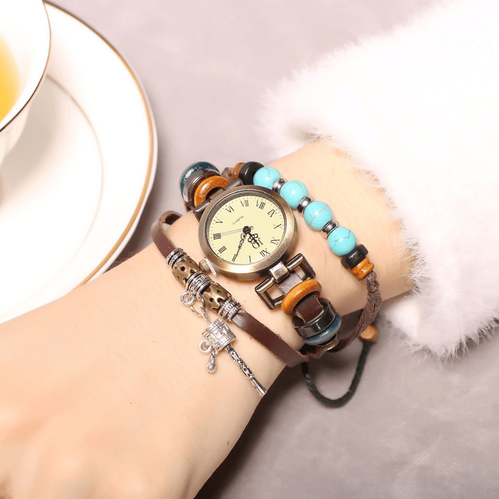 Deffrun Retro Stijl Vrouwen Armband Horloge Kralen Eiffeltoren Hanger Quartz Horloge: