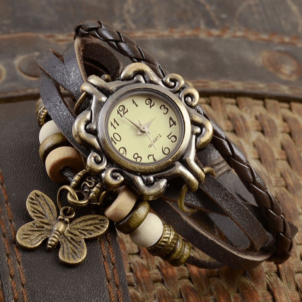 Deffrun Retro Style Multilayer Dames Armband Horloge Vlinder Hanger Quartz Horloges