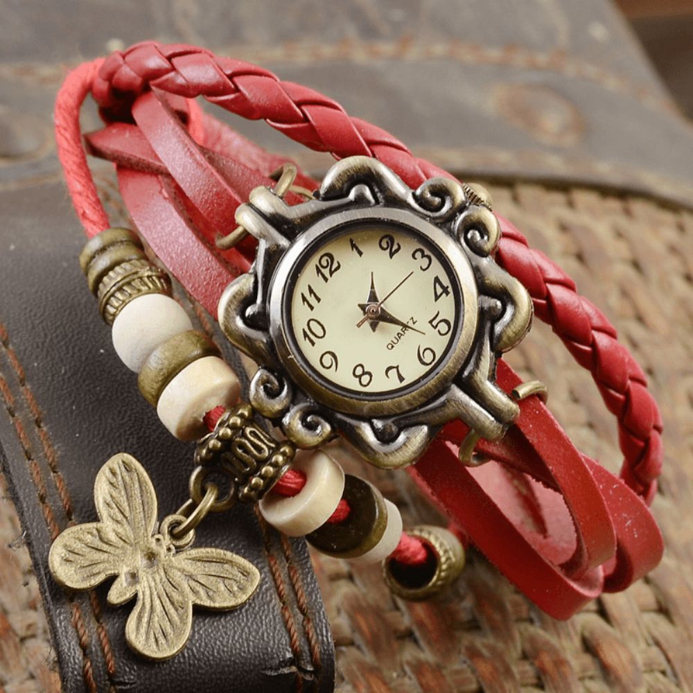 Deffrun Retro Style Multilayer Dames Armband Horloge Vlinder Hanger Quartz Horloges