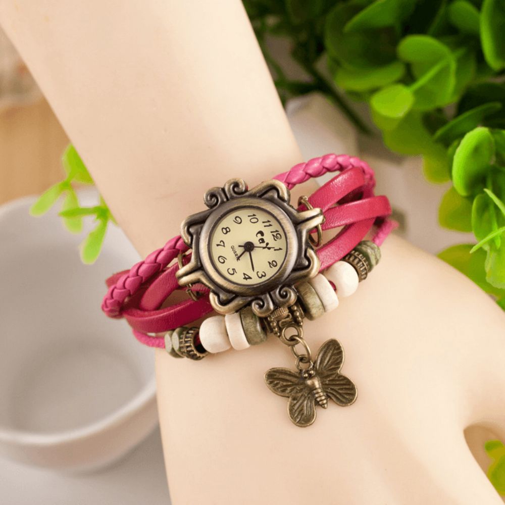 Deffrun Retro Style Multilayer Dames Armband Horloge Vlinder Hanger Quartz Horloges