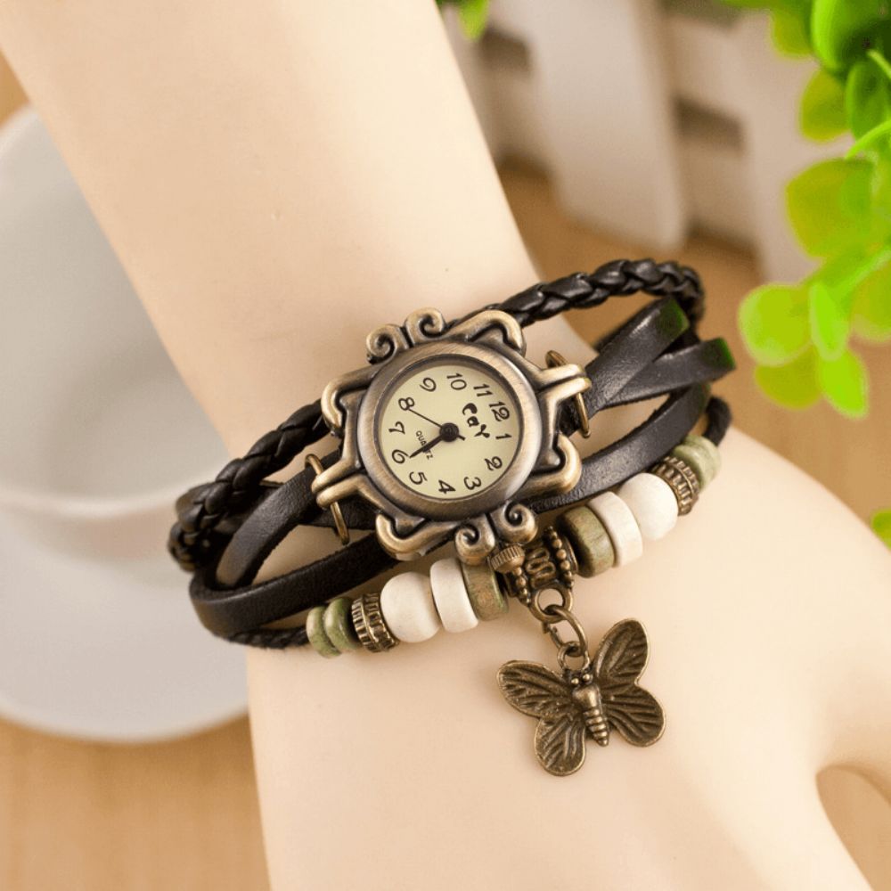 Deffrun Retro Style Multilayer Dames Armband Horloge Vlinder Hanger Quartz Horloges