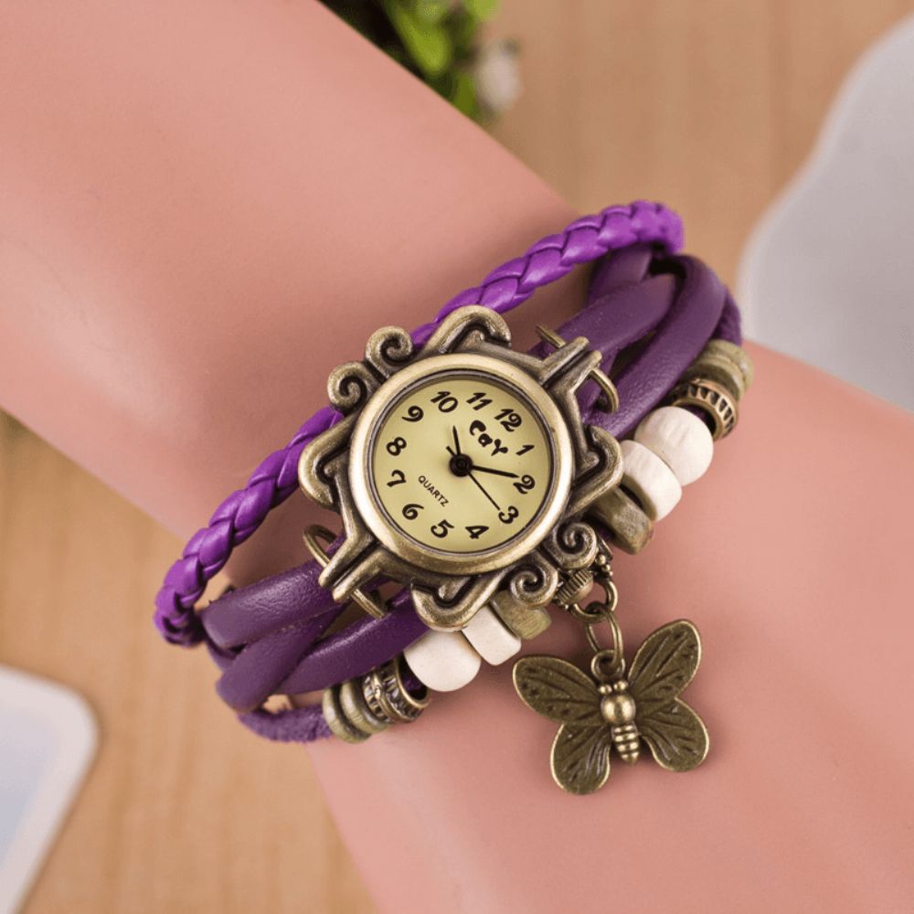 Deffrun Retro Style Multilayer Dames Armband Horloge Vlinder Hanger Quartz Horloges