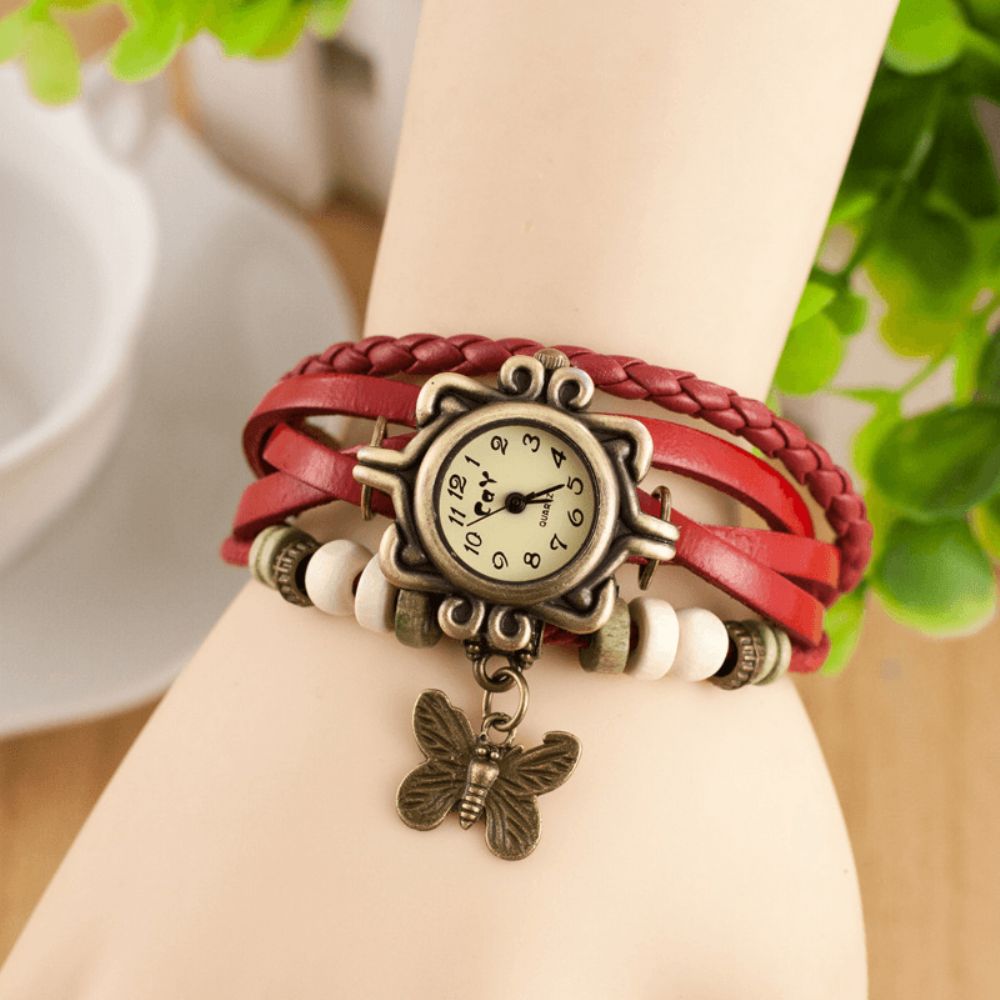 Deffrun Retro Style Multilayer Dames Armband Horloge Vlinder Hanger Quartz Horloges