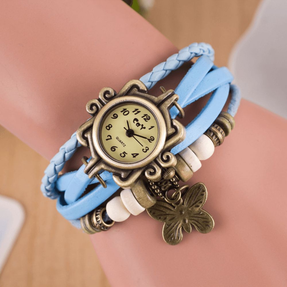 Deffrun Retro Style Multilayer Dames Armband Horloge Vlinder Hanger Quartz Horloges