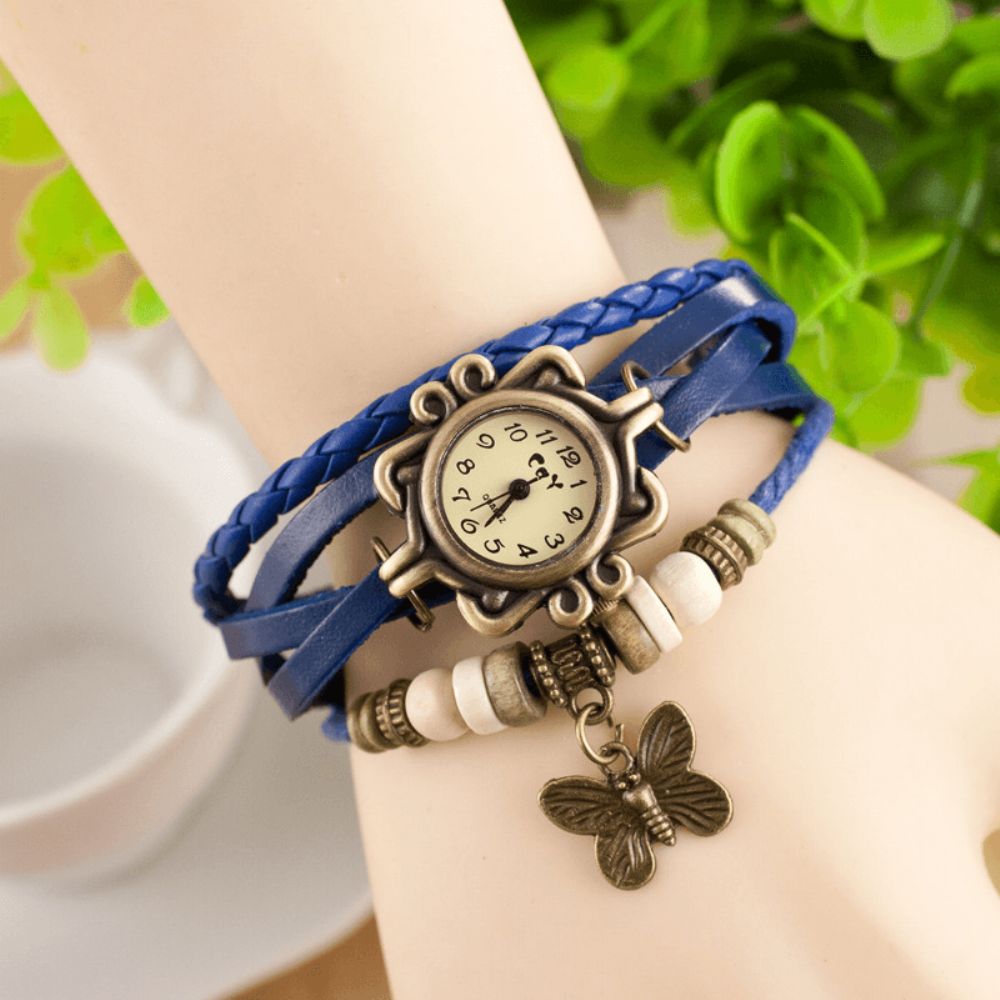 Deffrun Retro Style Multilayer Dames Armband Horloge Vlinder Hanger Quartz Horloges