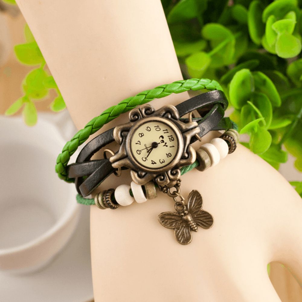 Deffrun Retro Style Multilayer Dames Armband Horloge Vlinder Hanger Quartz Horloges