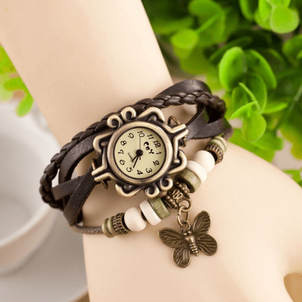 Deffrun Retro Style Multilayer Dames Armband Horloge Vlinder Hanger Quartz Horloges