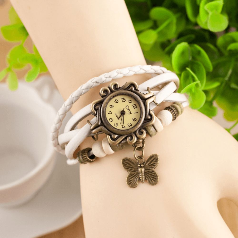 Deffrun Retro Style Multilayer Dames Armband Horloge Vlinder Hanger Quartz Horloges