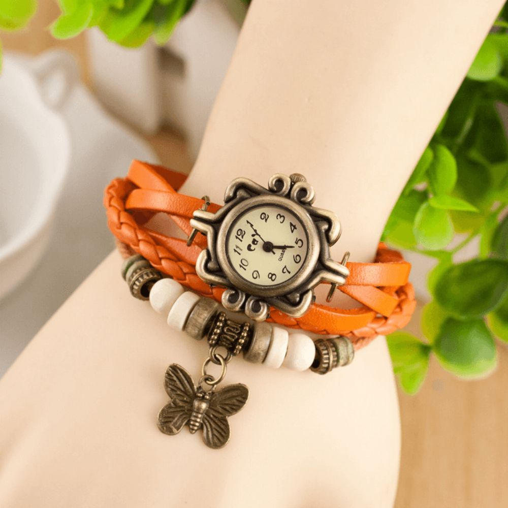 Deffrun Retro Style Multilayer Dames Armband Horloge Vlinder Hanger Quartz Horloges