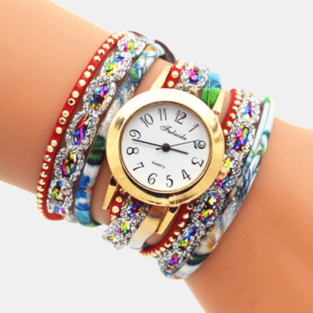 Deffrun Vintage Kleurrijke Afdrukken Dames Armband Horloge Multi-Layer Metalen Strass Pu Quartz Horloge