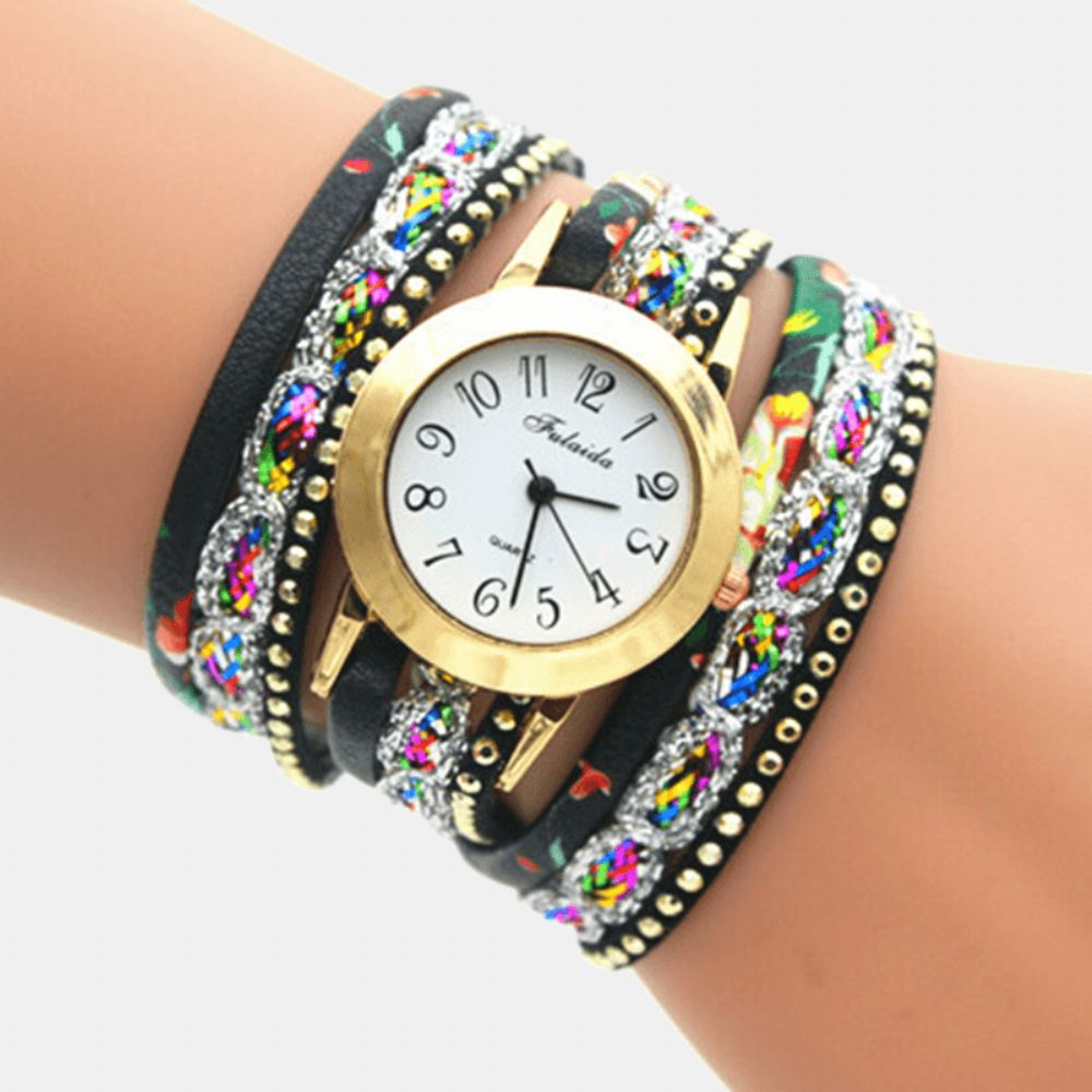 Deffrun Vintage Kleurrijke Afdrukken Dames Armband Horloge Multi-Layer Metalen Strass Pu Quartz Horloge