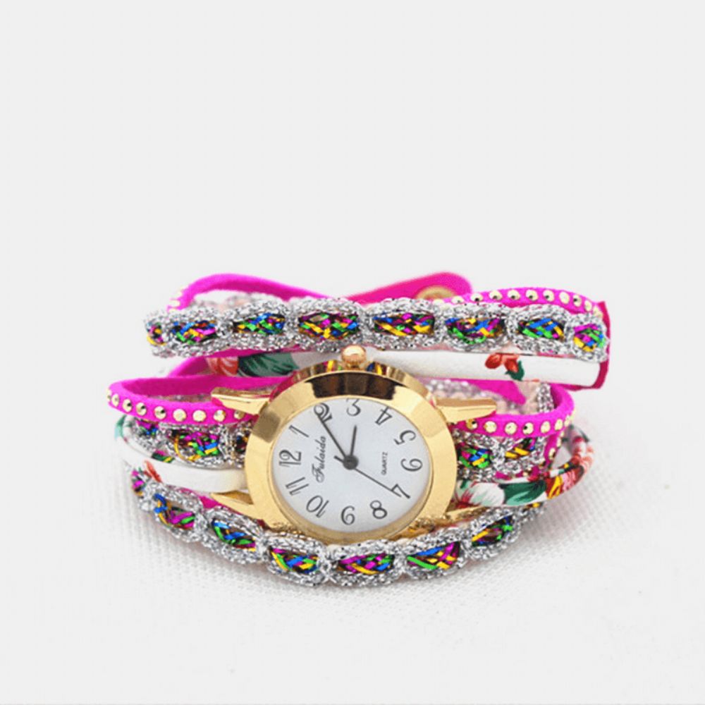 Deffrun Vintage Kleurrijke Afdrukken Dames Armband Horloge Multi-Layer Metalen Strass Pu Quartz Horloge