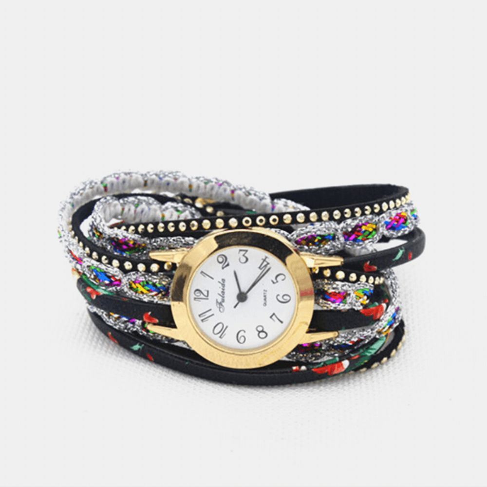 Deffrun Vintage Kleurrijke Afdrukken Dames Armband Horloge Multi-Layer Metalen Strass Pu Quartz Horloge