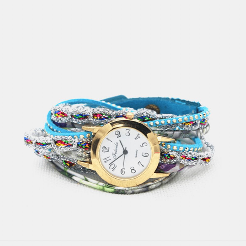 Deffrun Vintage Kleurrijke Afdrukken Dames Armband Horloge Multi-Layer Metalen Strass Pu Quartz Horloge