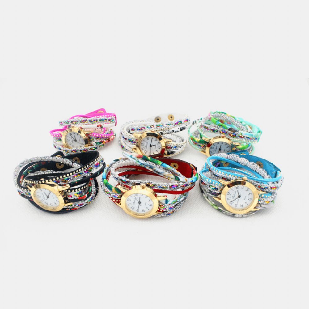 Deffrun Vintage Kleurrijke Afdrukken Dames Armband Horloge Multi-Layer Metalen Strass Pu Quartz Horloge