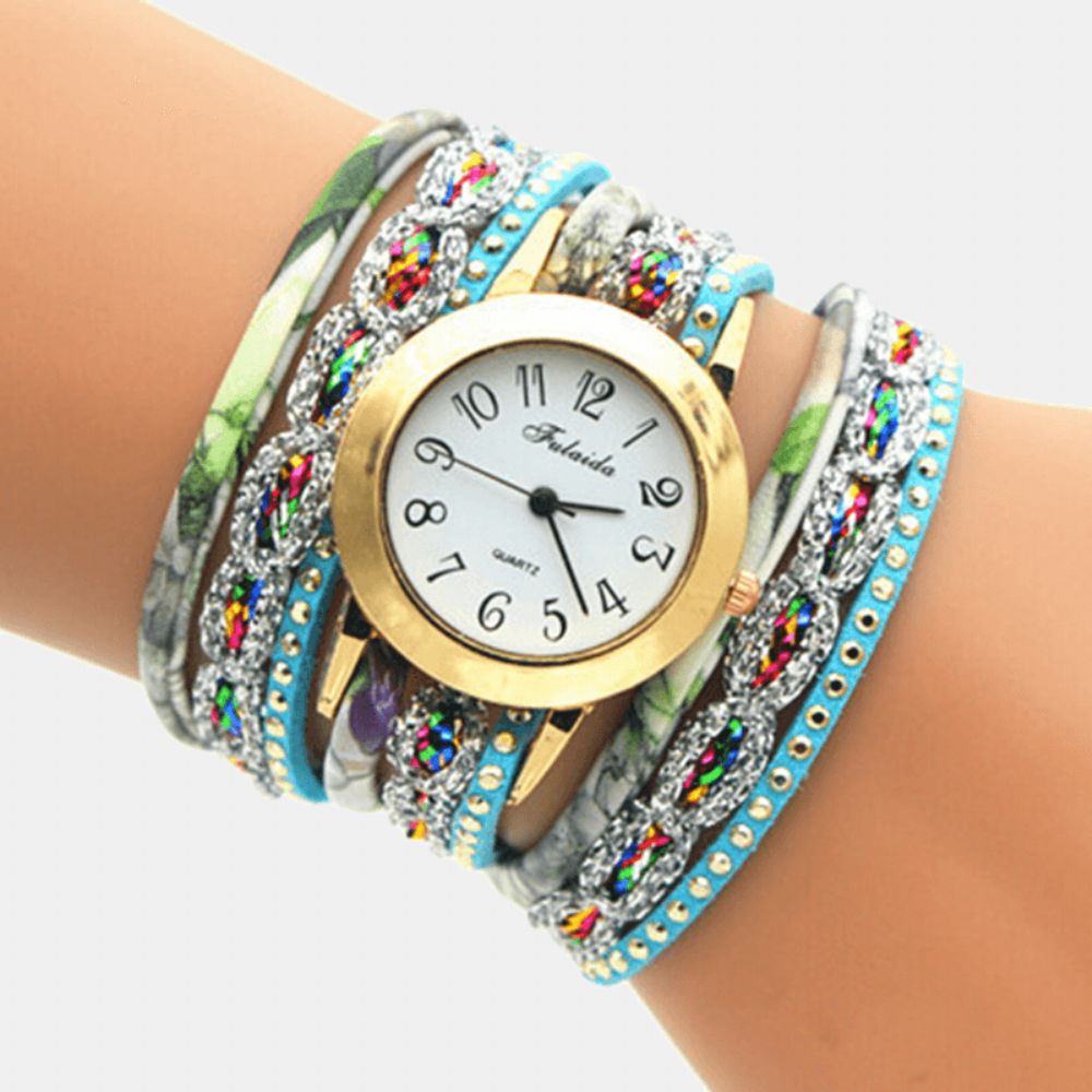 Deffrun Vintage Kleurrijke Afdrukken Dames Armband Horloge Multi-Layer Metalen Strass Pu Quartz Horloge