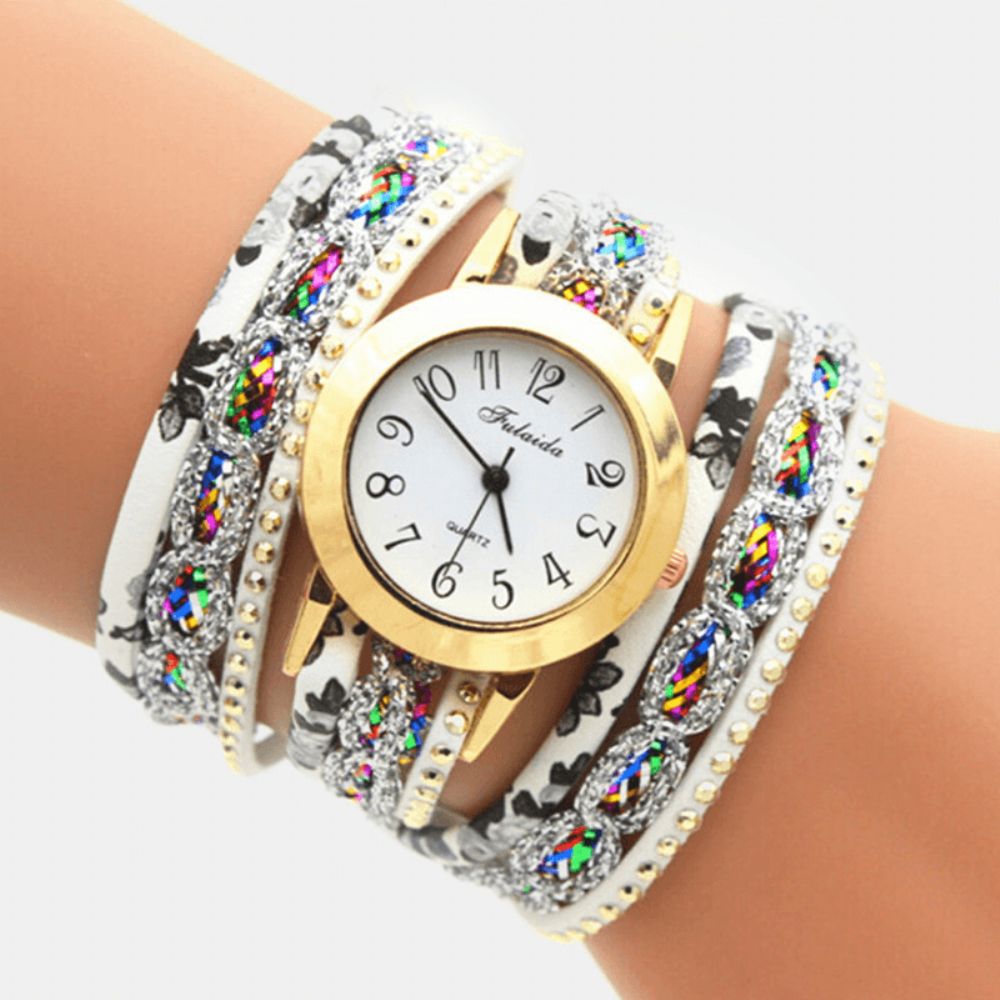 Deffrun Vintage Kleurrijke Afdrukken Dames Armband Horloge Multi-Layer Metalen Strass Pu Quartz Horloge