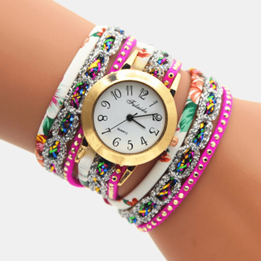 Deffrun Vintage Kleurrijke Afdrukken Dames Armband Horloge Multi-Layer Metalen Strass Pu Quartz Horloge