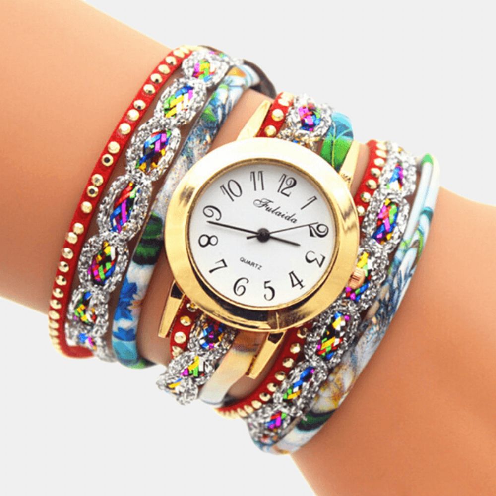 Deffrun Vintage Kleurrijke Afdrukken Dames Armband Horloge Multi-Layer Metalen Strass Pu Quartz Horloge