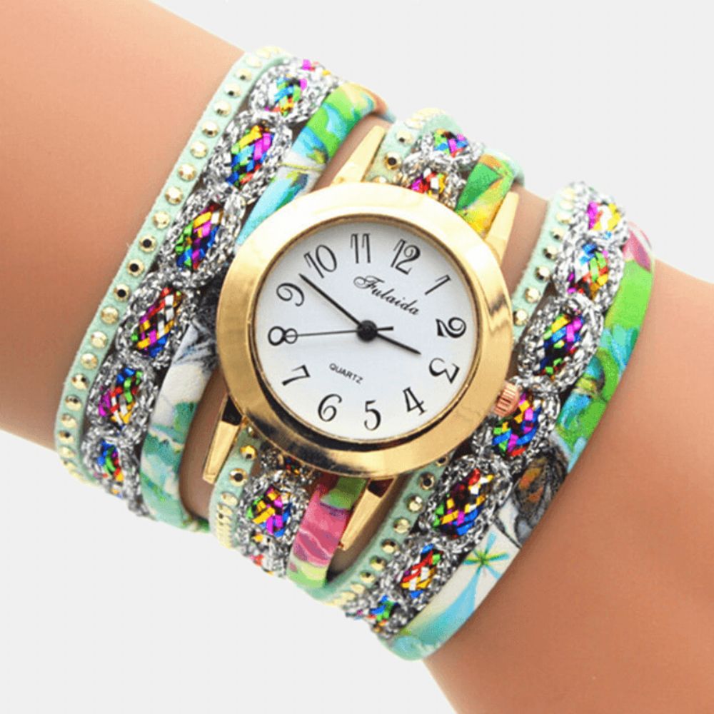 Deffrun Vintage Kleurrijke Afdrukken Dames Armband Horloge Multi-Layer Metalen Strass Pu Quartz Horloge