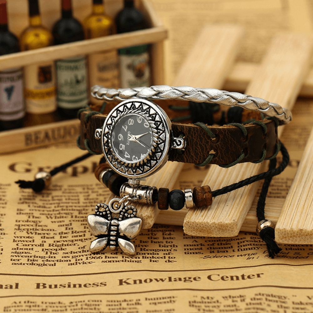 Deffrun Vintage Koe Lederen Vrouwen Armband Horloge Vlinder Hanger Kleine Wijzerplaat Quartz Horloge