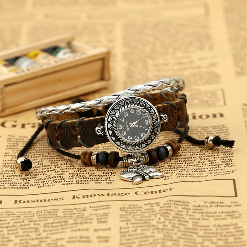 Deffrun Vintage Koe Lederen Vrouwen Armband Horloge Vlinder Hanger Kleine Wijzerplaat Quartz Horloge