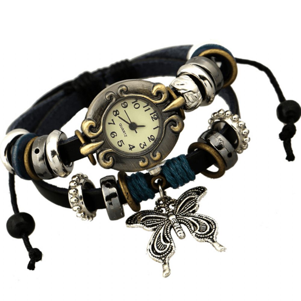 Deffrun Vintage Multilayer Koe Lederen Vrouwen Armband Horloge Vlinder Hanger Quartz Horloge