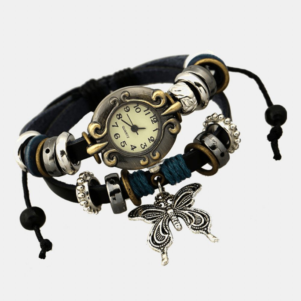 Deffrun Vintage Multilayer Koe Lederen Vrouwen Armband Horloge Vlinder Hanger Quartz Horloge