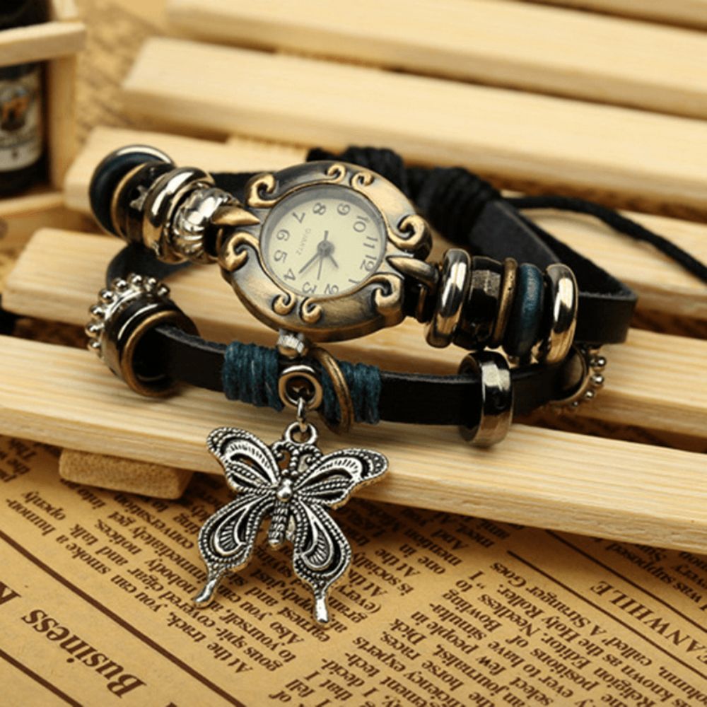 Deffrun Vintage Multilayer Koe Lederen Vrouwen Armband Horloge Vlinder Hanger Quartz Horloge