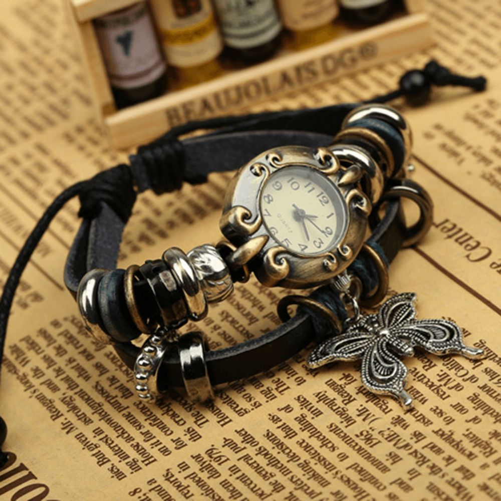 Deffrun Vintage Multilayer Koe Lederen Vrouwen Armband Horloge Vlinder Hanger Quartz Horloge