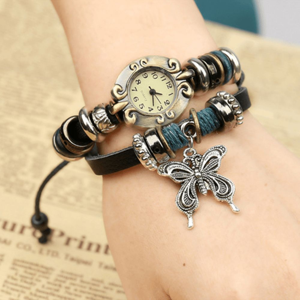 Deffrun Vintage Multilayer Koe Lederen Vrouwen Armband Horloge Vlinder Hanger Quartz Horloge