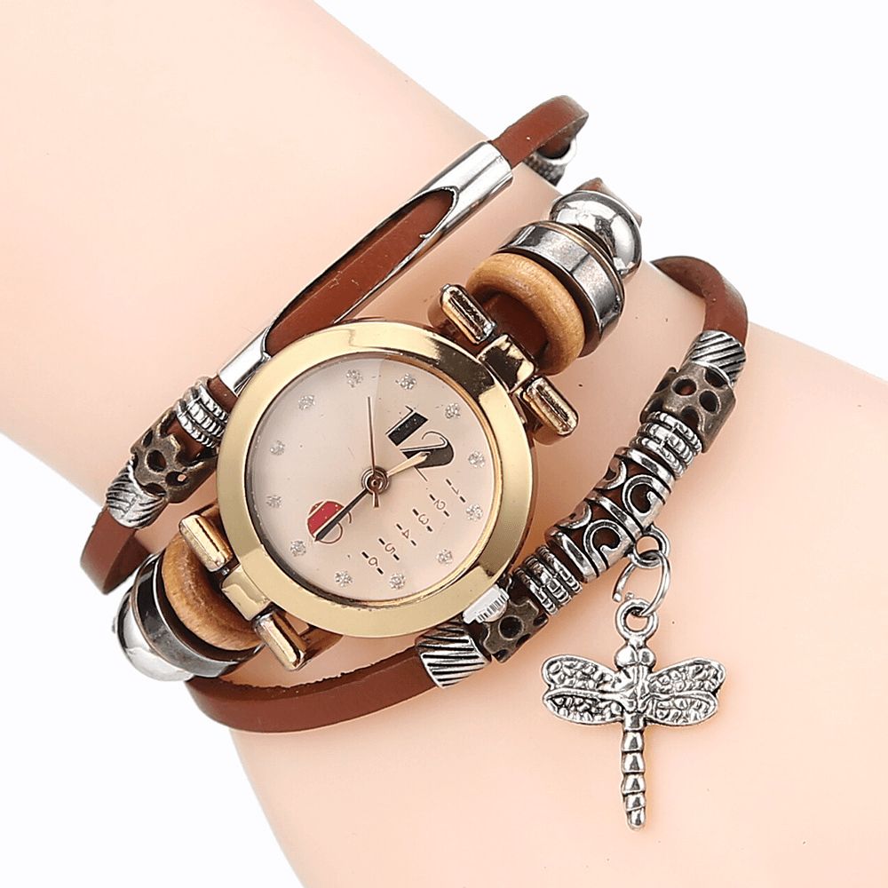 Deffrun Vintage Multilayer Vrouwen Armband Horloge Diamond Dragonfly Hanger Lederen Band Quartz Horloge