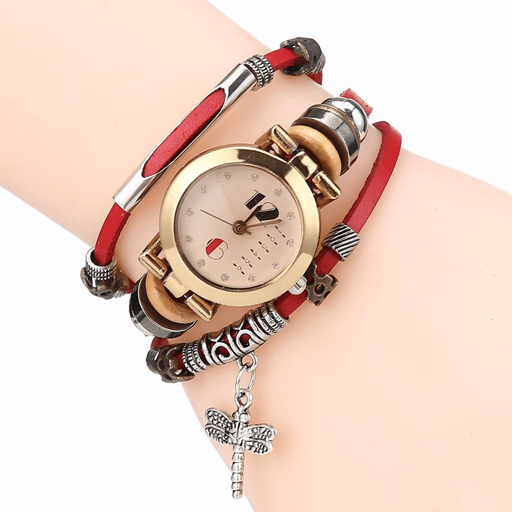 Deffrun Vintage Multilayer Vrouwen Armband Horloge Diamond Dragonfly Hanger Lederen Band Quartz Horloge