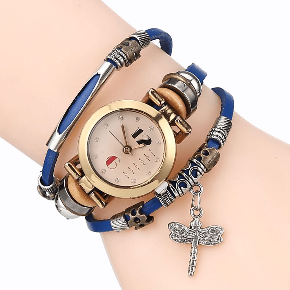 Deffrun Vintage Multilayer Vrouwen Armband Horloge Diamond Dragonfly Hanger Lederen Band Quartz Horloge