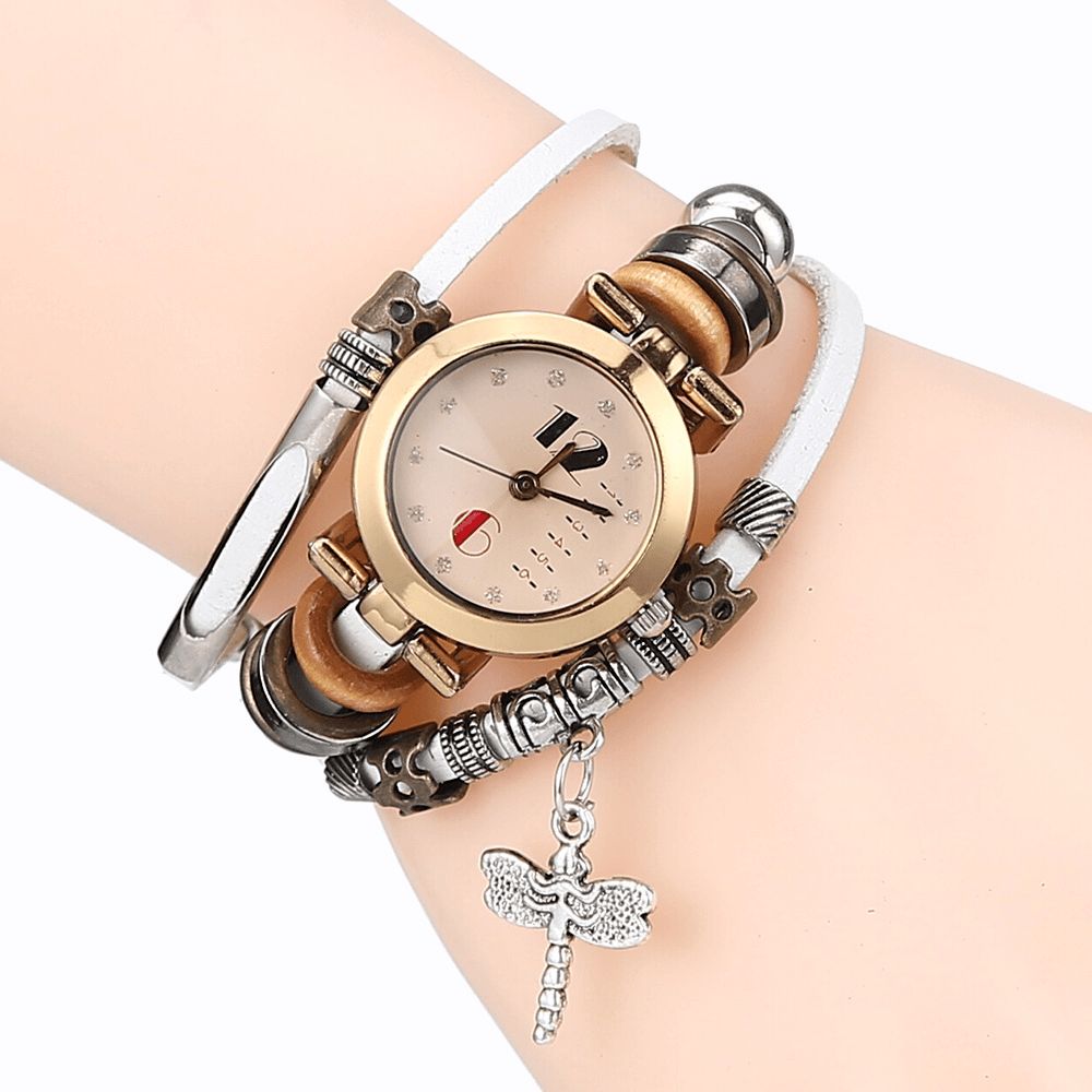 Deffrun Vintage Multilayer Vrouwen Armband Horloge Diamond Dragonfly Hanger Lederen Band Quartz Horloge