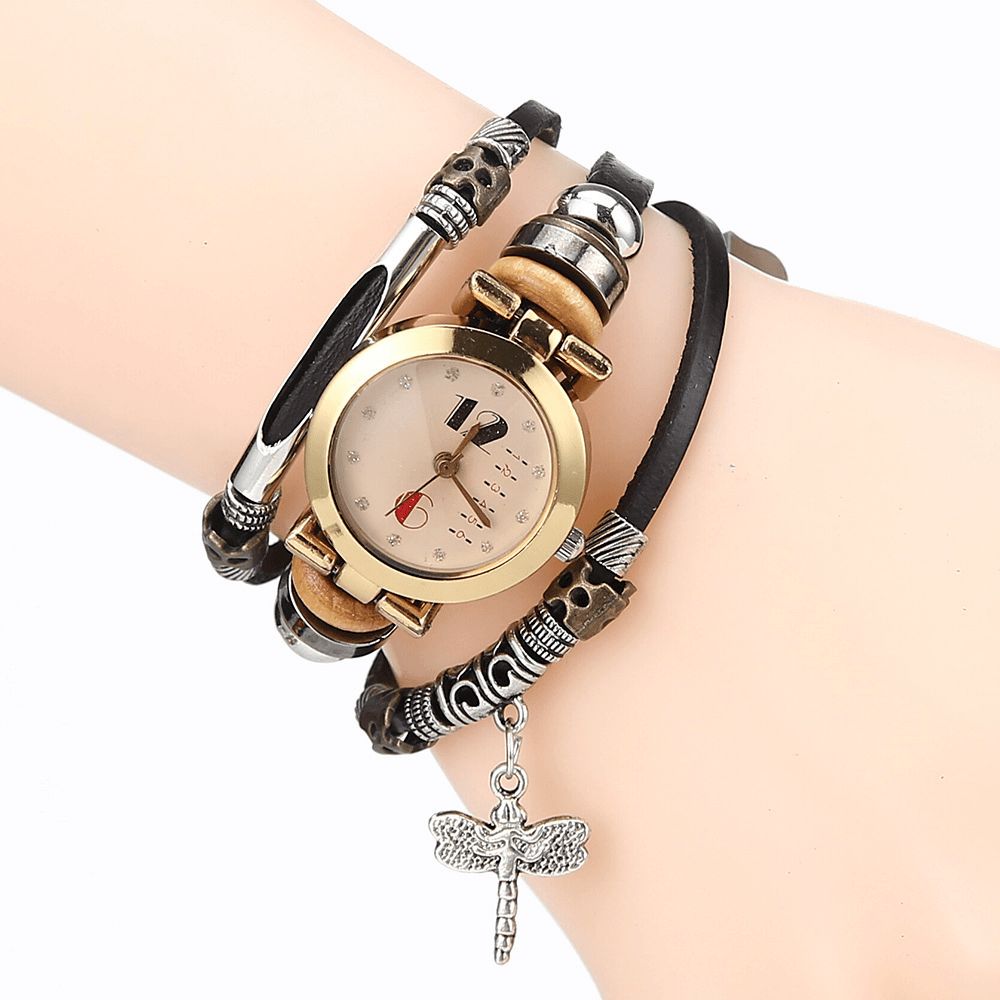 Deffrun Vintage Multilayer Vrouwen Armband Horloge Diamond Dragonfly Hanger Lederen Band Quartz Horloge