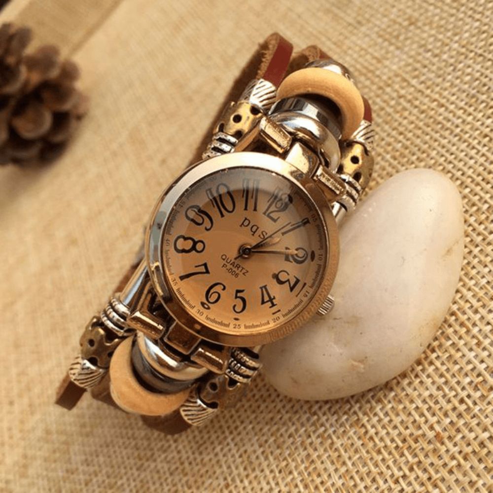 Deffrun Vintage Simple Dial Dames Armband Horloge Legering Case Multilayer Quartz Horloge