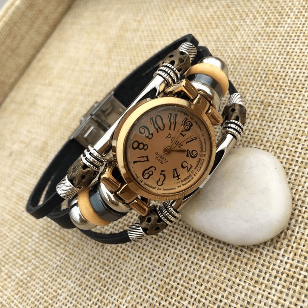 Deffrun Vintage Simple Dial Dames Armband Horloge Legering Case Multilayer Quartz Horloge