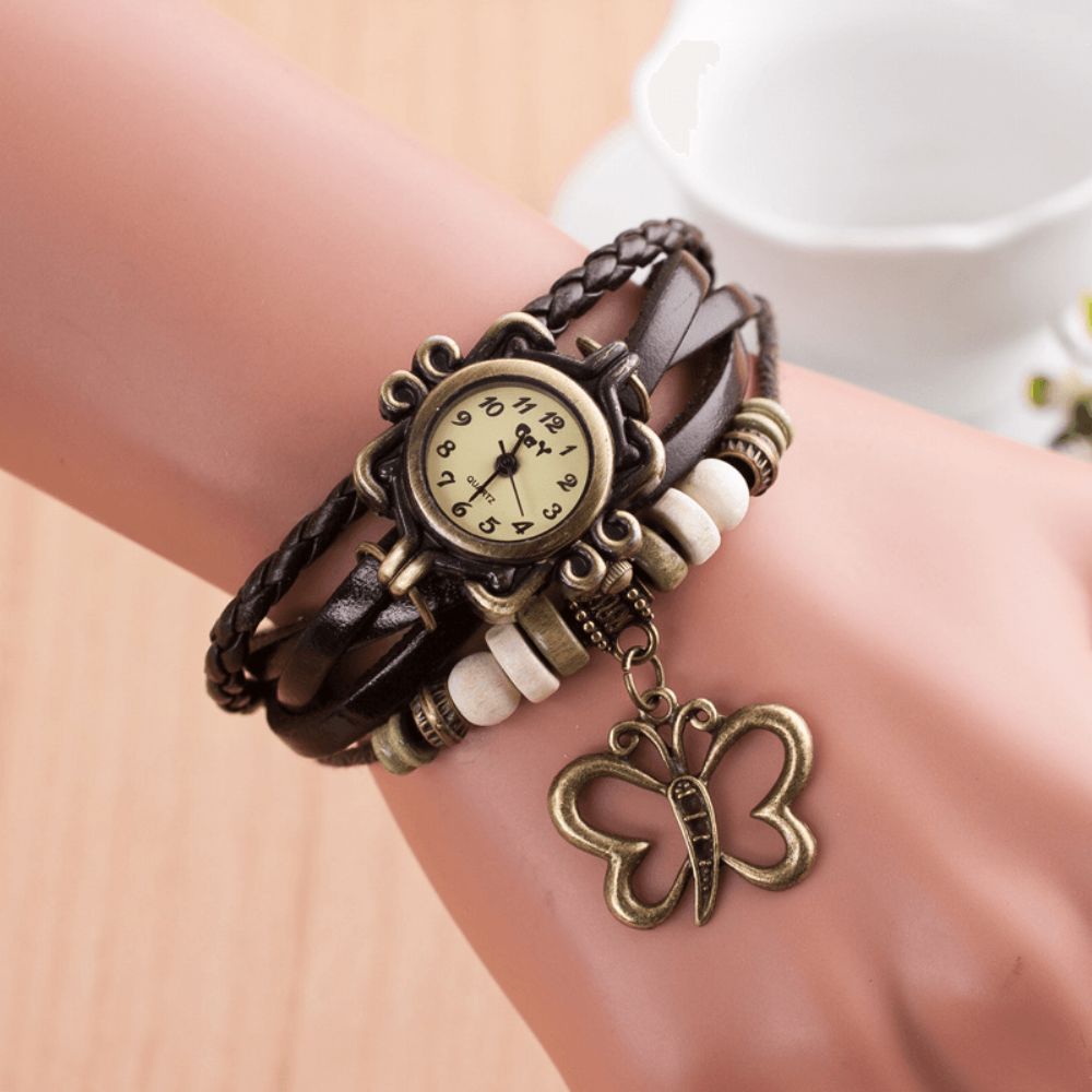 Dolaor Multilayer Vintage Dames Horloge Hollow Butterfly Hanger Lederen Retro Armband Horloge