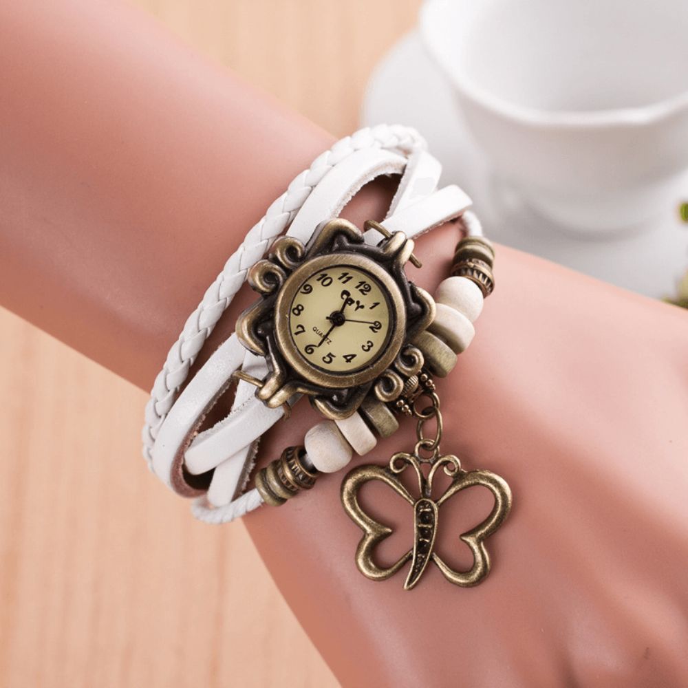 Dolaor Multilayer Vintage Dames Horloge Hollow Butterfly Hanger Lederen Retro Armband Horloge