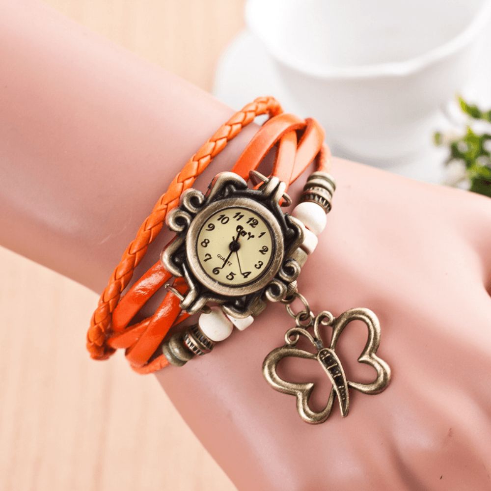 Dolaor Multilayer Vintage Dames Horloge Hollow Butterfly Hanger Lederen Retro Armband Horloge