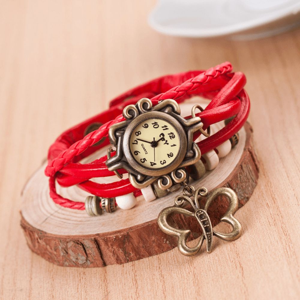 Dolaor Multilayer Vintage Dames Horloge Hollow Butterfly Hanger Lederen Retro Armband Horloge