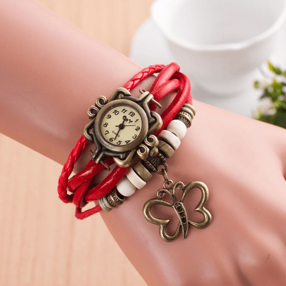 Dolaor Multilayer Vintage Dames Horloge Hollow Butterfly Hanger Lederen Retro Armband Horloge